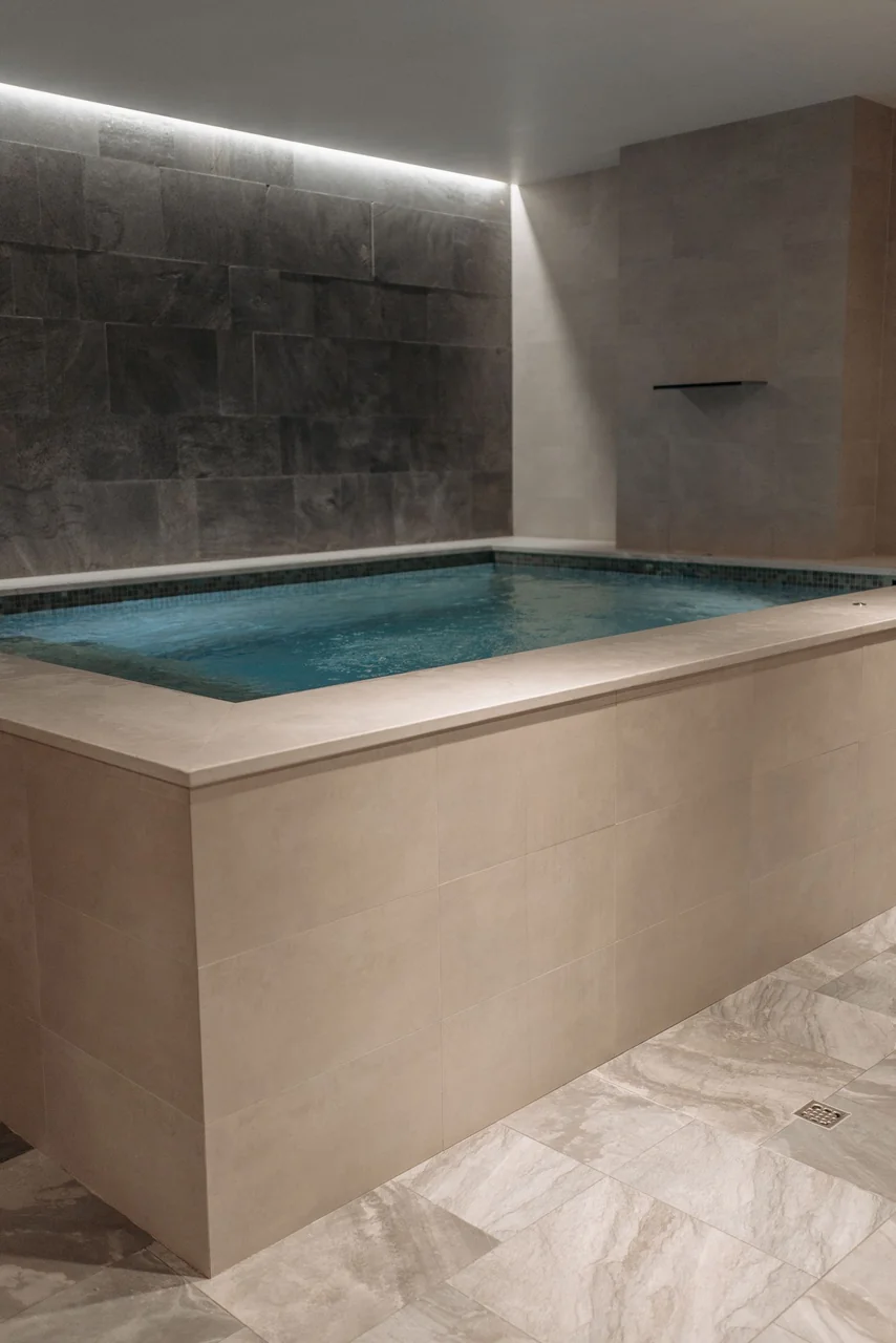 Modern indoor spa pool with minimalist stone design